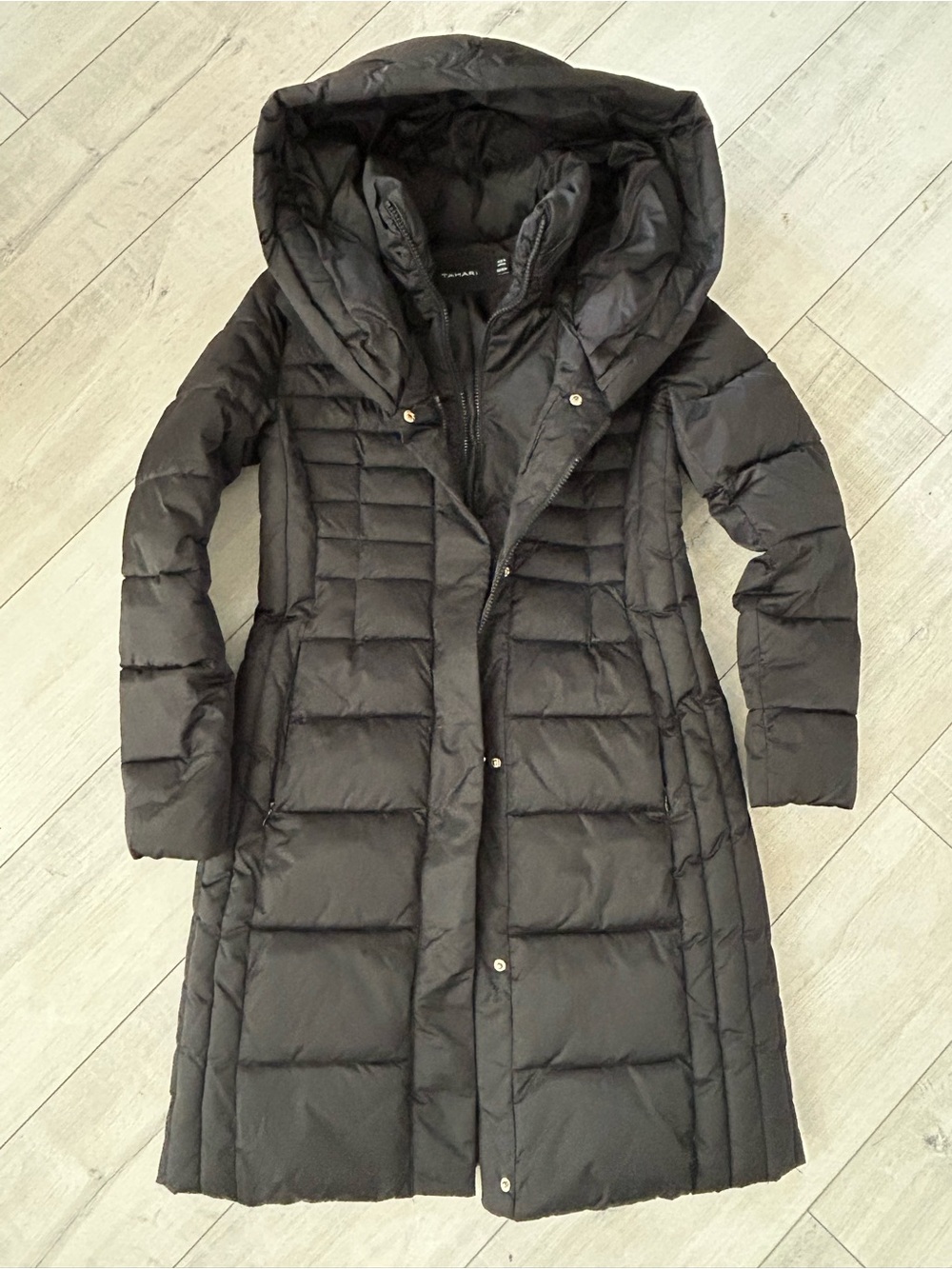 Tahari Black Hooded Long Puffer Coat